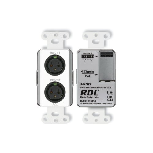 RDL RN22 Wall-Mounted Bi-Directional Mic/Line Dante Interface 2x2 - White