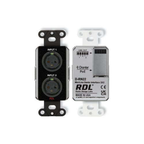 RDL RN22 Wall-Mounted Bi-Directional Mic/Line Dante Interface 2x2 - Black