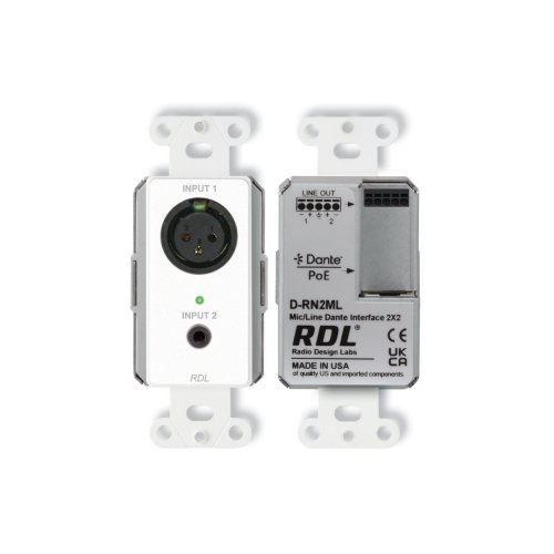 RDL RN2ML Wall-Mounted Bi-Directional Mic/Line Dante Interface 2x2 - White