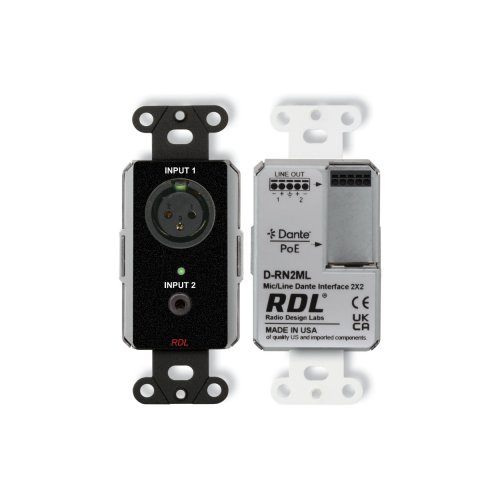RDL RN2ML Wall-Mounted Bi-Directional Mic/Line Dante Interface 2x2 - Black